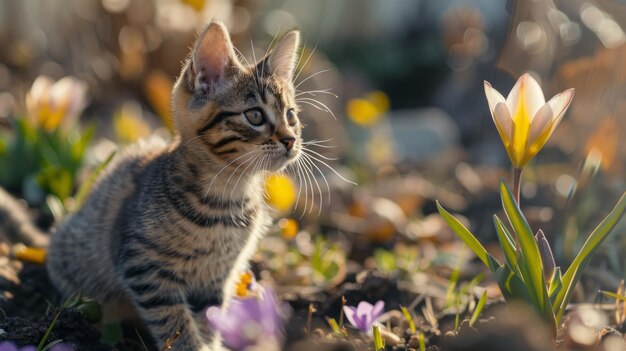 Un gatito está de pie en un campo de flores