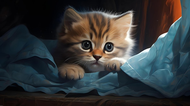 un gatito está tendido en un paño azul.