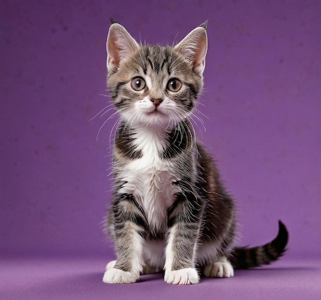 gatito felino animal de compañía un gatito sentado sobre un fondo púrpura