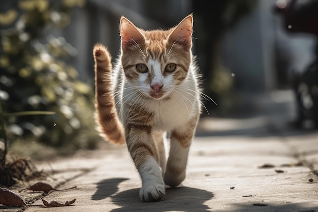 Un gatito feliz corre por la calle.