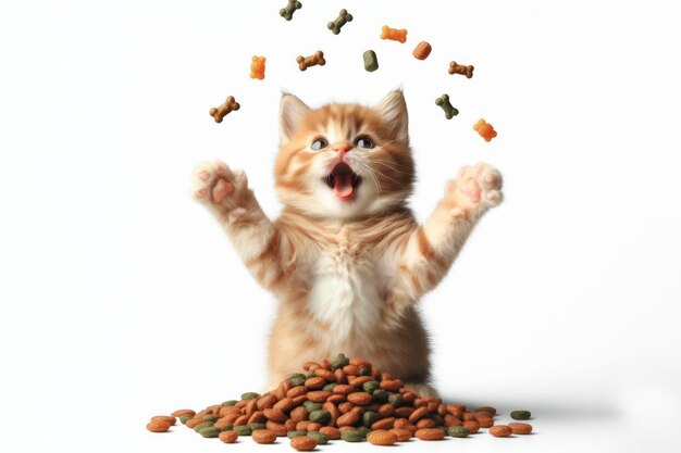 Gatito feliz con deliciosa comida para mascotas cayendo desde arriba sobre fondo blanco sólido ai generativo