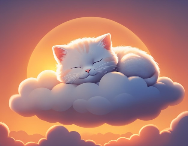 Foto un gatito feliz descansando en una nube con el sol poniéndose en el fondo