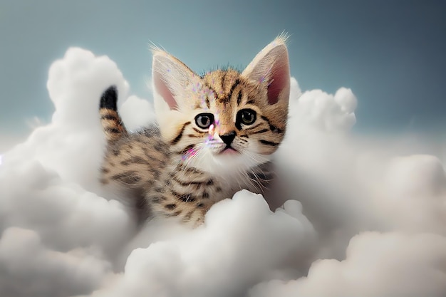 El gatito flota en nubes blancas esponjosas IA generativa