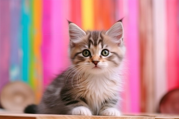 Un gatito con un fondo de arcoíris.