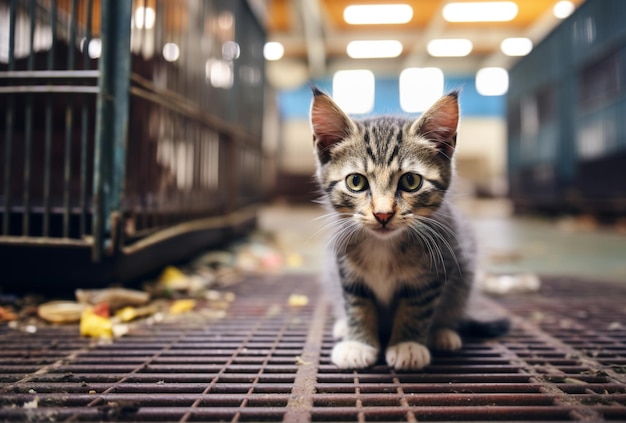 gatito fuera de una jaula de refugio de animales