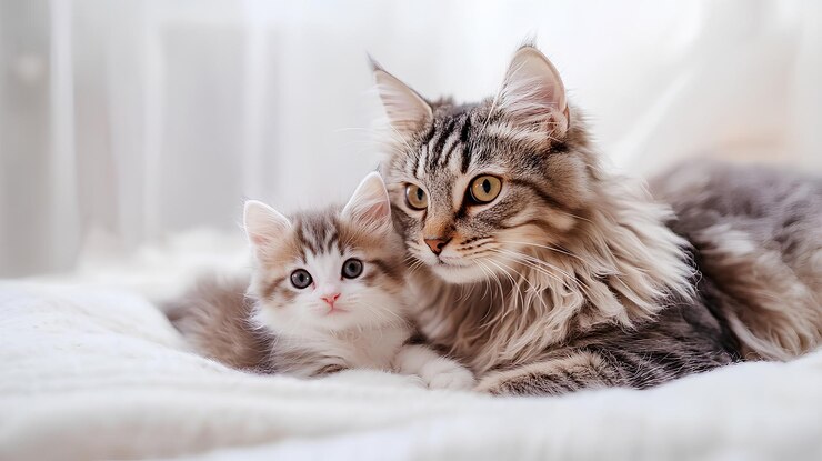 un gatito y un gatito están acostados en una manta blanca