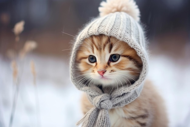 Gatito con un gorro de lana tejido en invierno