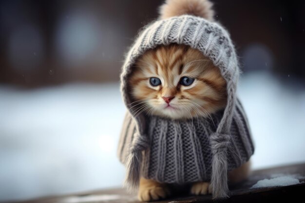 Gatito con un gorro de lana tejido en invierno