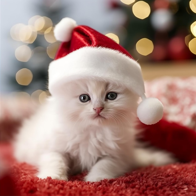 Un gatito con un gorro de Papá Noel se sienta sobre una manta roja.