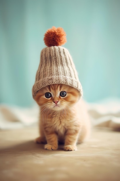 Un gatito con un gorro tejido con un pompón.