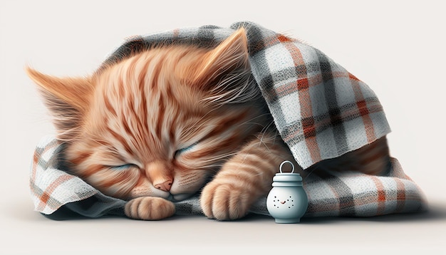Gatito gris durmiendo en una manta de lana a cuadros gris con borlas abrazando un suave juguete de punto beige alto
