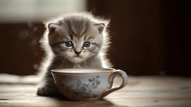 Un gatito gris esponjoso que bebe leche de un platillo generado por IA