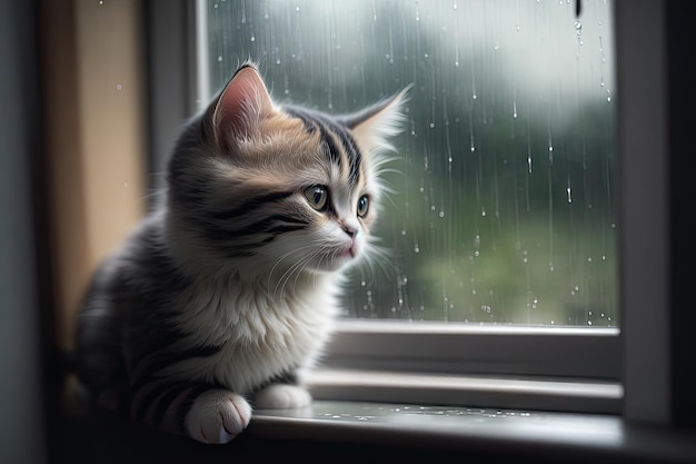 El gatito gris mira por la ventana El gato en el alféizar de la ventana mira la lluvia