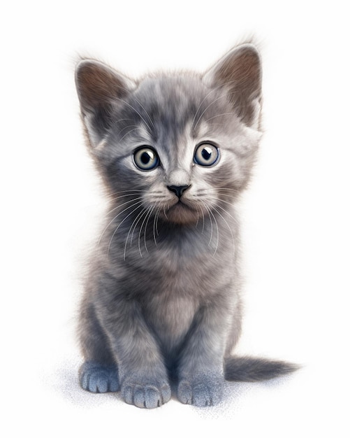 Un gatito gris con ojos azules se sienta sobre un fondo blanco.