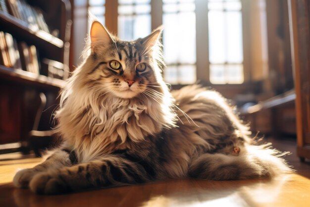 Foto un gatito guapo y esponjoso con ojos adorables sentado en una piel blanca y jugoso en un hogar acogedor