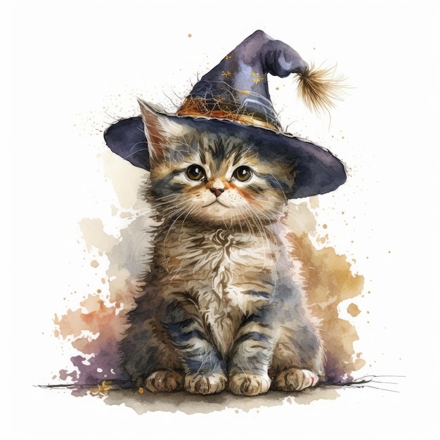 Foto un gatito de halloween se sienta bajo un sombrero de bruja sobre un fondo blanco tarjeta para unas vacaciones