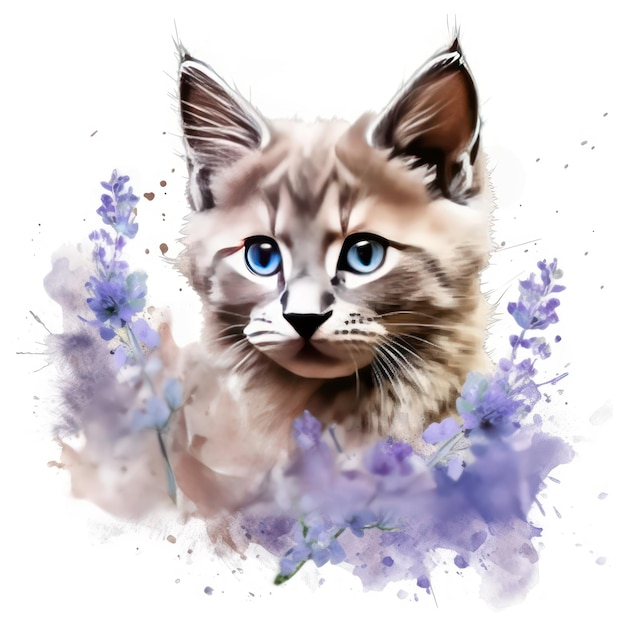 Un gatito y una ilustración de acuarela de lavanda.