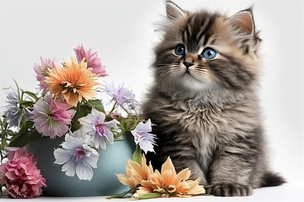 Un gatito con un jarrón de flores.