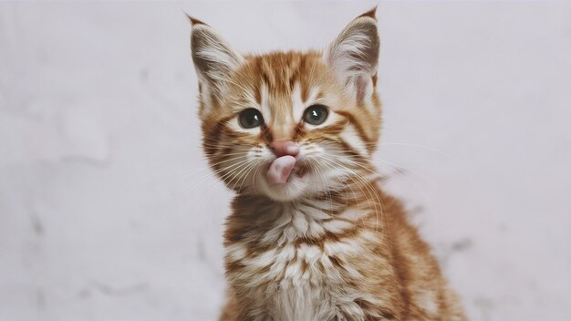 El gatito de jengibre se lamia sobre un fondo blanco