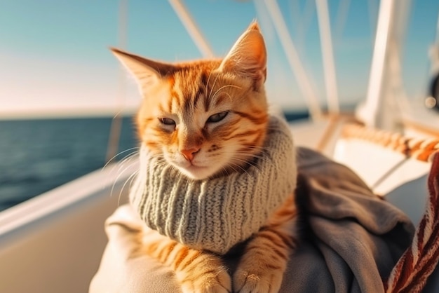 Gatito jengibre sentado a bordo de un yate IA generativa