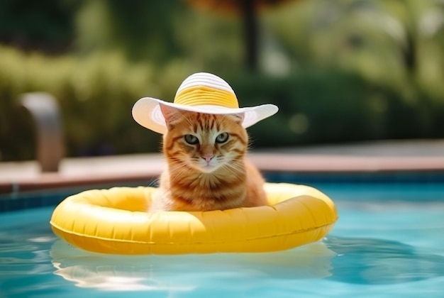 Gatito jengibre con sombrero con anillo inflable amarillo IA generativa