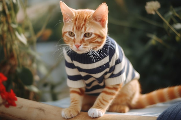 Gatito jengibre en suéter de punto grueso sentado en el jardín IA generativa