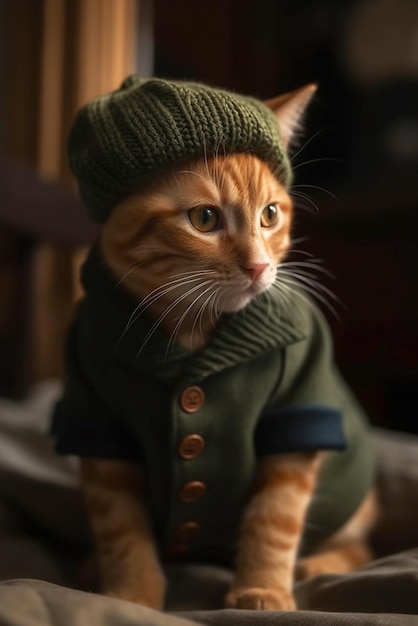 Gatito jengibre con suéter verde de punto grueso y sombrero IA generativa