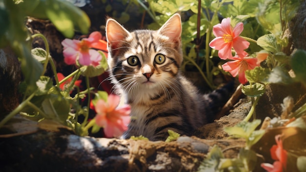 Un gatito jugando en el jardín.