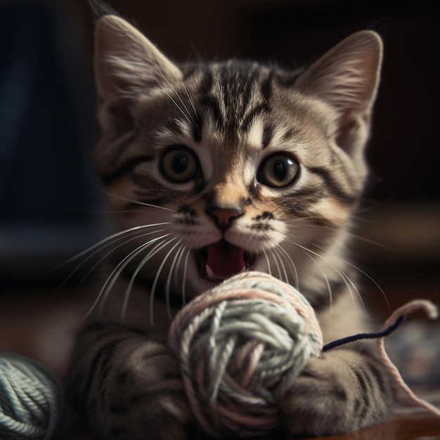 Un gatito jugando con un ovillo.