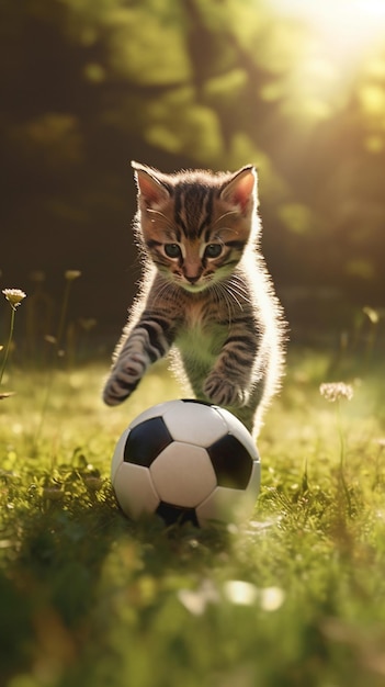 Un gatito jugando con una pelota de fútbol.