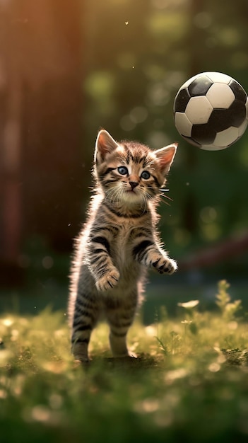 Un gatito jugando con una pelota de fútbol.