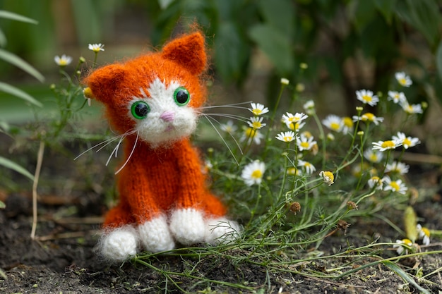 Gatito de juguete de punto, gatito de jengibre con flores en la naturaleza