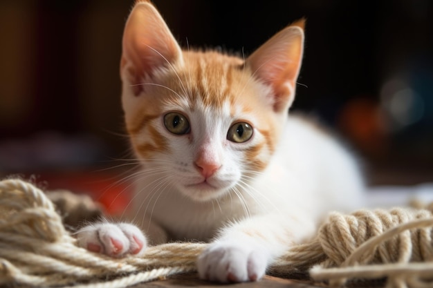 Gatito juguetón jugando con un ovillo creado con inteligencia artificial generativa