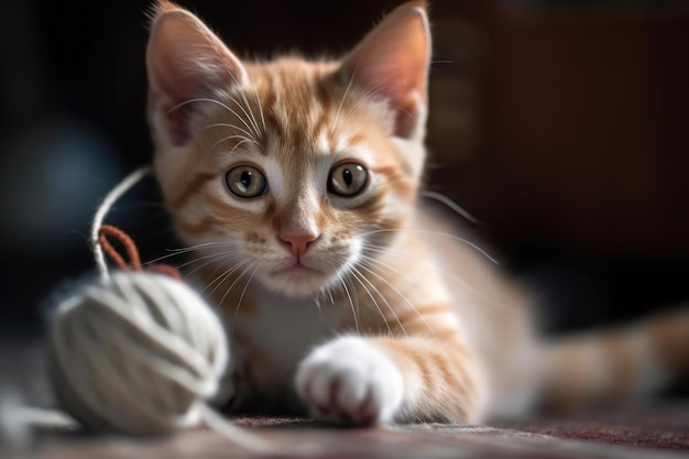 Gatito juguetón jugando con un ovillo creado con inteligencia artificial generativa