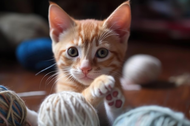 Gatito juguetón pateando juguetonamente una bola de hilo creada con inteligencia artificial generativa