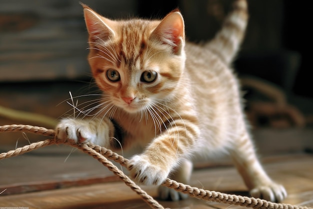 Gatito juguetón que persigue una cuerda con sus garras creada con inteligencia artificial generativa