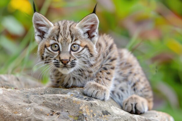 Foto un gatito de lince curioso con orejas grandes y una expresión lúdica