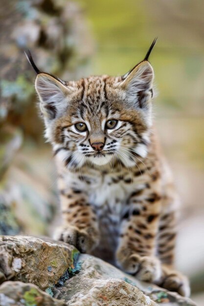 Foto un gatito de lince curioso con orejas grandes y una expresión lúdica