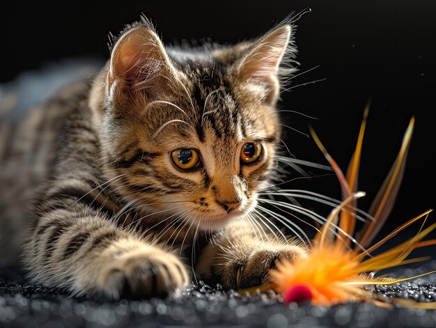 Un gatito lindo acecha una pluma de juguete en una cálida iluminación dramática sobre un fondo negro