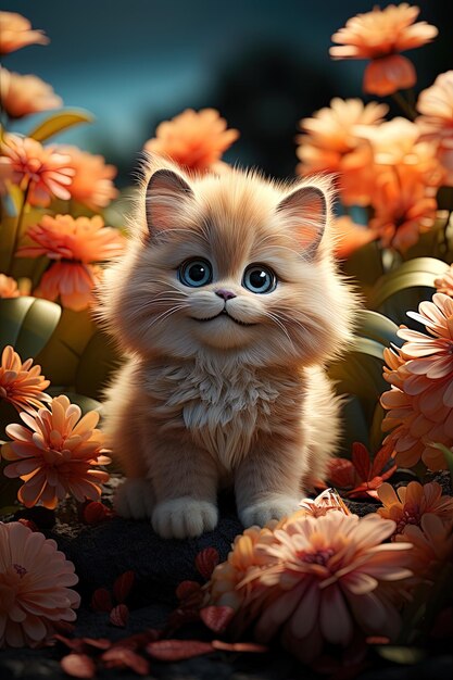 un gatito lindo con bigote y un fondo de flores