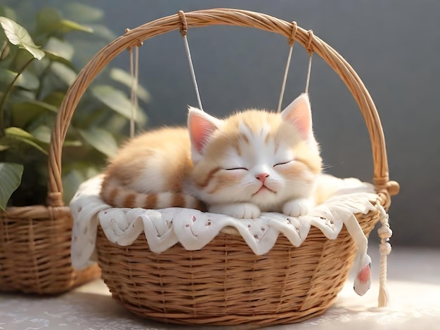 Un gatito lindo durmiendo en una canasta.