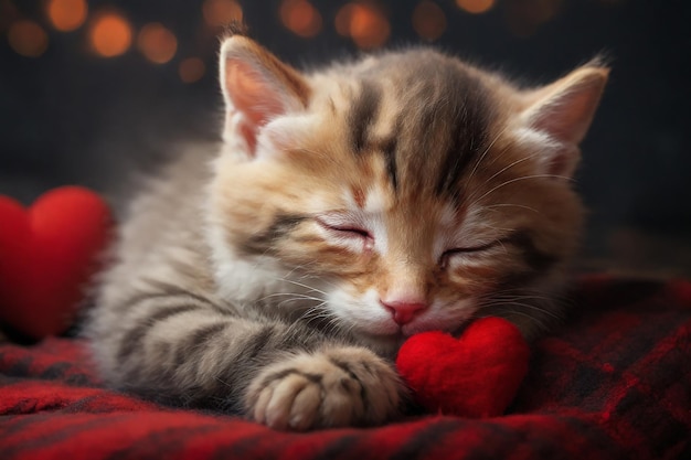 Un gatito lindo durmiendo junto a un corazón rojo en una cubierta acogedora