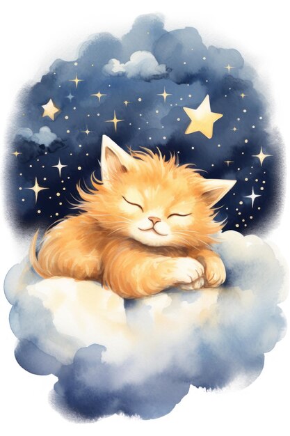 Un gatito lindo durmiendo en una nube dibujo de acuarela IA generativa