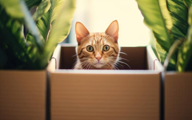 Foto un gatito lindo emergiendo juguetón de una caja de cartón