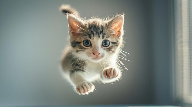 Un gatito lindo flotando en el aire contra el fondo de la ventana por la mañana