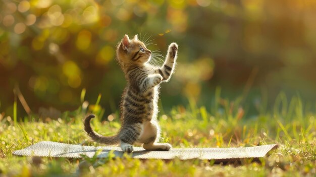 Un gatito lindo haciendo yoga en la alfombra con las manos levantadas en un día soleado de verano