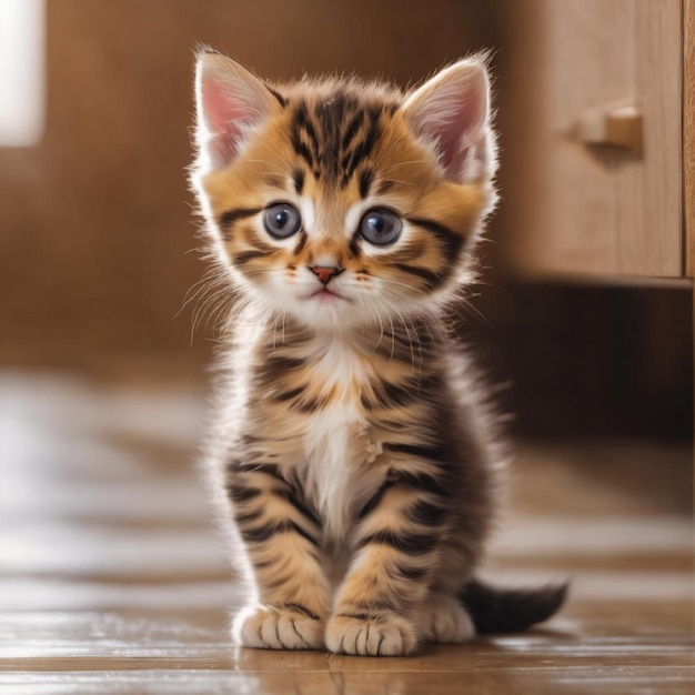 Un gatito lindo jugando en el suelo limpio.