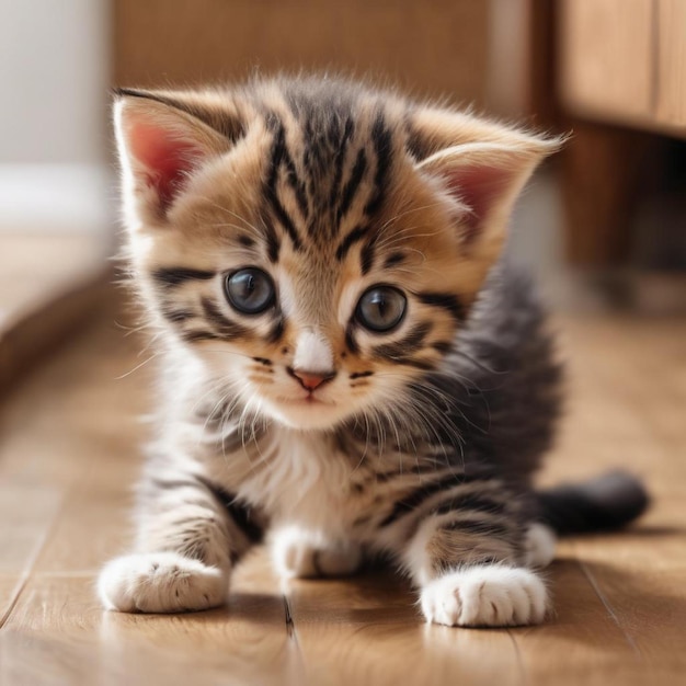 Un gatito lindo jugando en el suelo limpio.