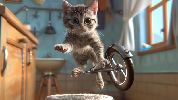 Foto un gatito lindo está montando una bicicleta de juguete el gatito está en el aire y sus patas están extendidas el fondo es borroso