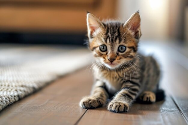 Un gatito lindo y pequeño está sentado tranquilamente en el suelo mirando a su alrededor con curiosidad